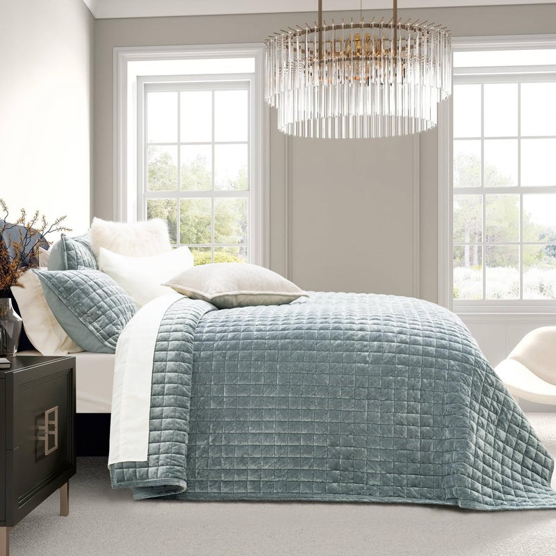 RECYCO Luxury Velvet Quilt Set Twin/Twin XL Size Bedding Sets, Ultra Soft Velvet Comforter Set, Lightweight Channel Box Stitch Oversized Bedspread Coverlet for All Season, with 1 Sham, Blue Linen - Image 5