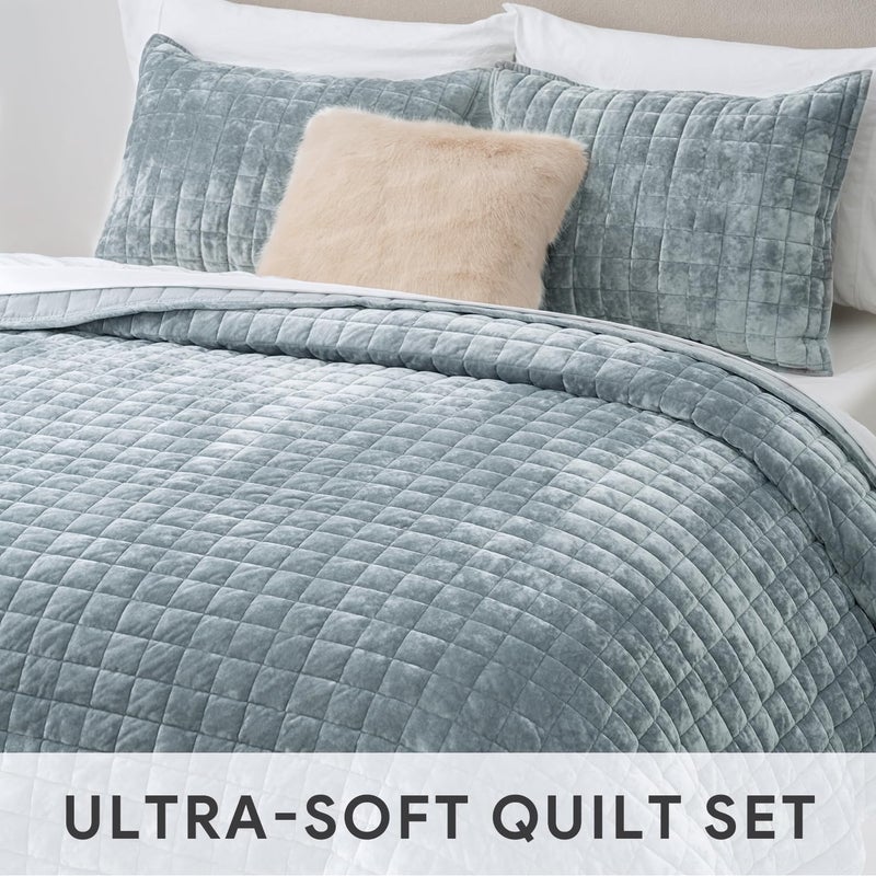 RECYCO Luxury Velvet Quilt Set Twin/Twin XL Size Bedding Sets, Ultra Soft Velvet Comforter Set, Lightweight Channel Box Stitch Oversized Bedspread Coverlet for All Season, with 1 Sham, Blue Linen - Image 3
