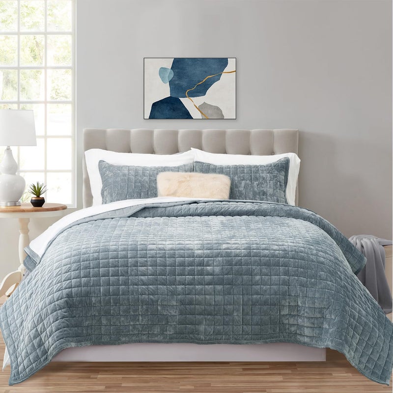 RECYCO Luxury Velvet Quilt Set Twin/Twin XL Size Bedding Sets, Ultra Soft Velvet Comforter Set, Lightweight Channel Box Stitch Oversized Bedspread Coverlet for All Season, with 1 Sham, Blue Linen - Image 2