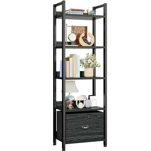 Furologee 5 Tier Bookshelf with Drawer Kitchen Bakers Rack with Storage Tall Narrow Bookcase Industrial Free Standing Display Shelf Wood and Metal Book Shelf for Bedroom Living Room Black
