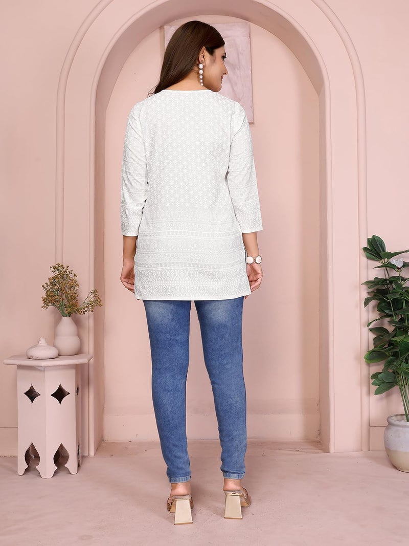rangita White Rayon Straight Embroidered Short Length Kurti | Kurta for Women_L - Image 4