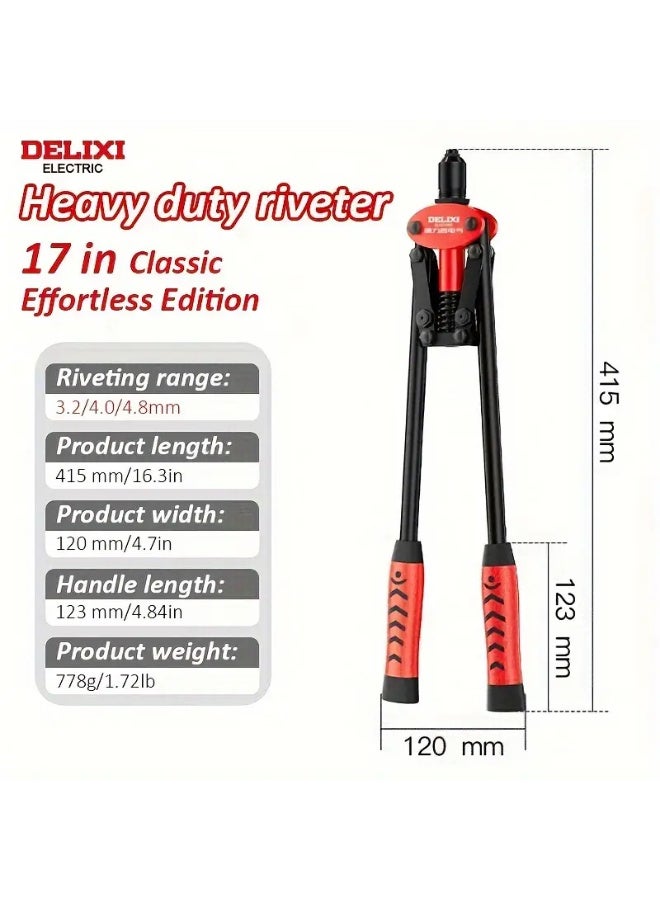 DELIXI ELECTRIC Heavy-Duty Manual Rivet Gun - 17 Inch / 43.18cm Steel Construction, Ergonomic Red & Black Handle, Precision Screwdriver for Automotive & Industrial Use, Automotive Riveting, Comfortable Grip, Robust Tool Design - Image 1