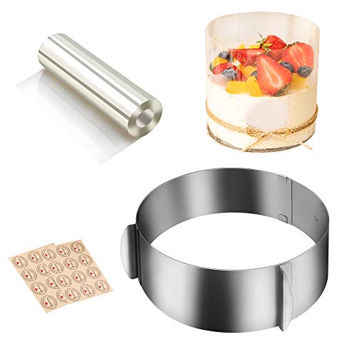 Cyimi Cake Mould Ring Stainless Steel Adjustable 6.5-12 Inch Mousse Cake Baking with Cake Collars 5.5 x 394 Inch Clear Cake Strips Cake Rolls Mousse Cake Acetate Sheet,Delicate Stickers for Cake Decor - Image 1