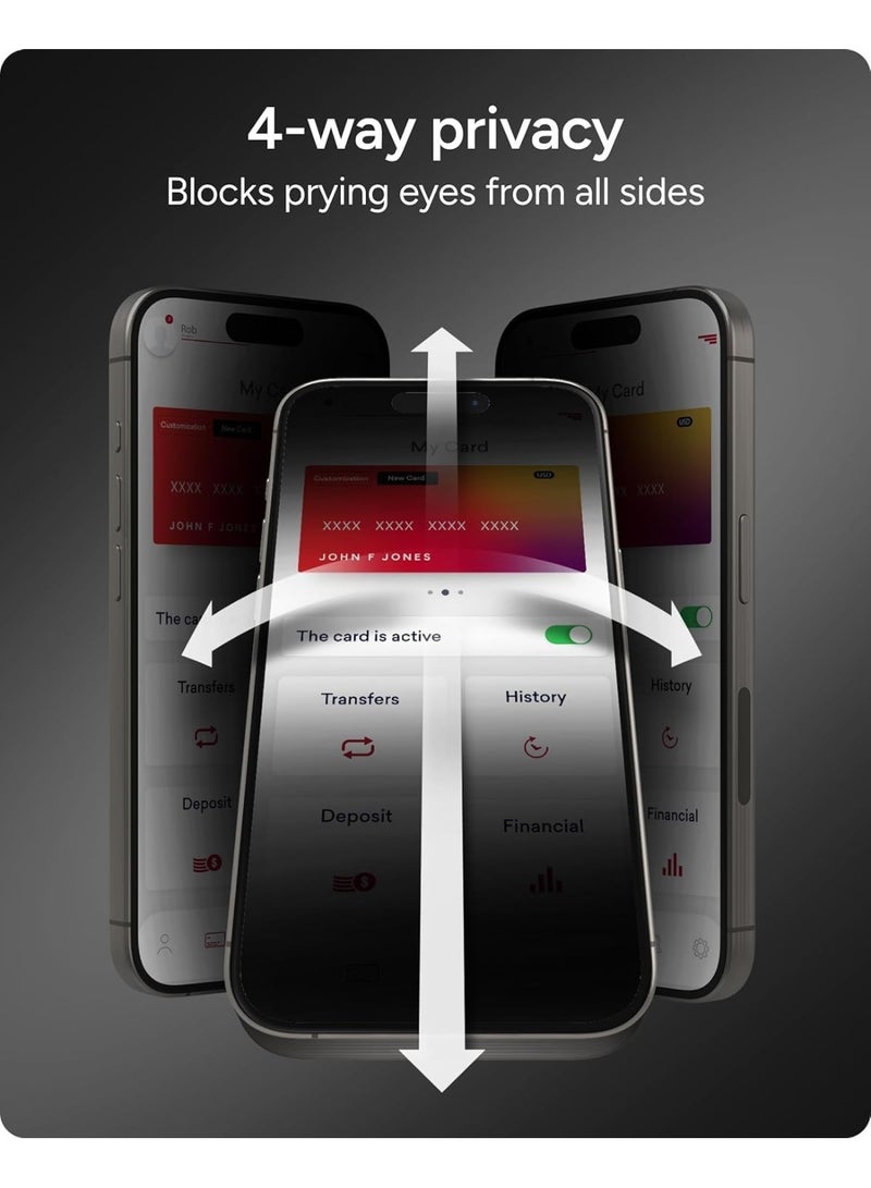 Muzz حماية شاشة زجاجية مقسّاة 4 اتجاهات 360 للخصوصية لجهاز iPhone 17 Pro، صلابة 9H، مضادة للكهرباء الساكنة، مضادة للتجسس، سهلة التركيب (iPhone 17) - Image 2