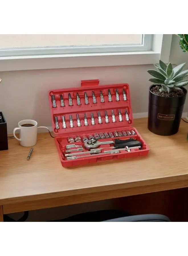 46 Pcs Black Portable Toolbox With Ratchet Wrench Screwdriver Bits Extension Rod - Image 2