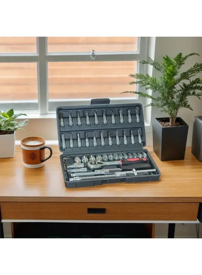 46 Pcs Black Portable Toolbox With Ratchet Wrench Screwdriver Bits Extension Rod - Image 3