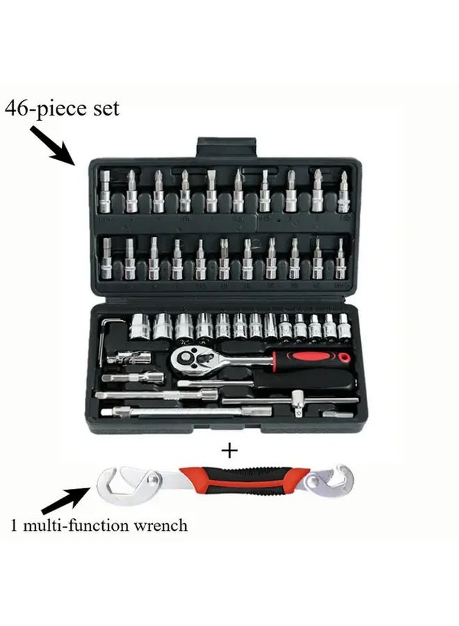 46 Pcs Black Portable Toolbox With Ratchet Wrench Screwdriver Bits Extension Rod - Image 1