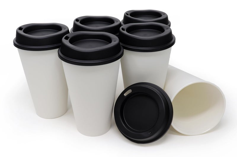 Rolling Sands USA Made 16 oz Reusable Coffee Cups with Lids 6 Pk  To Go Travel Cups  Hot or Cold Drinks  Dishwasher and Microwave Safe  White Cups  Black Lids - Image 1
