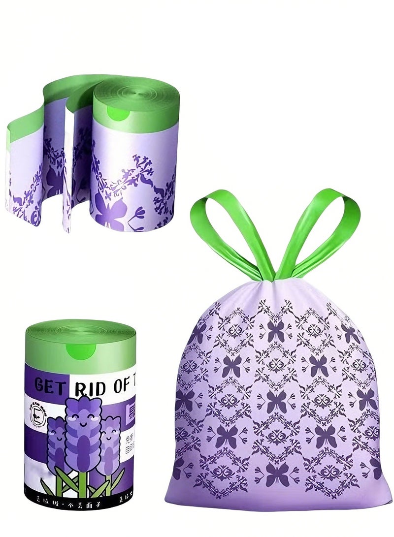 أكياس قمامة، أكياس قمامة صغيرة برائحة اللافندر، أكياس قمامة بسعة 4 جالونات مزودة برباط للحمام والمكتب وغرفة النوم والسيارة والتخييم في الهواء الطلق، مناسبة لعلبة قمامة بسعة 2-4 جالونات، طباعة ملونة، أرجوانية، 50 قطعة - Image 1