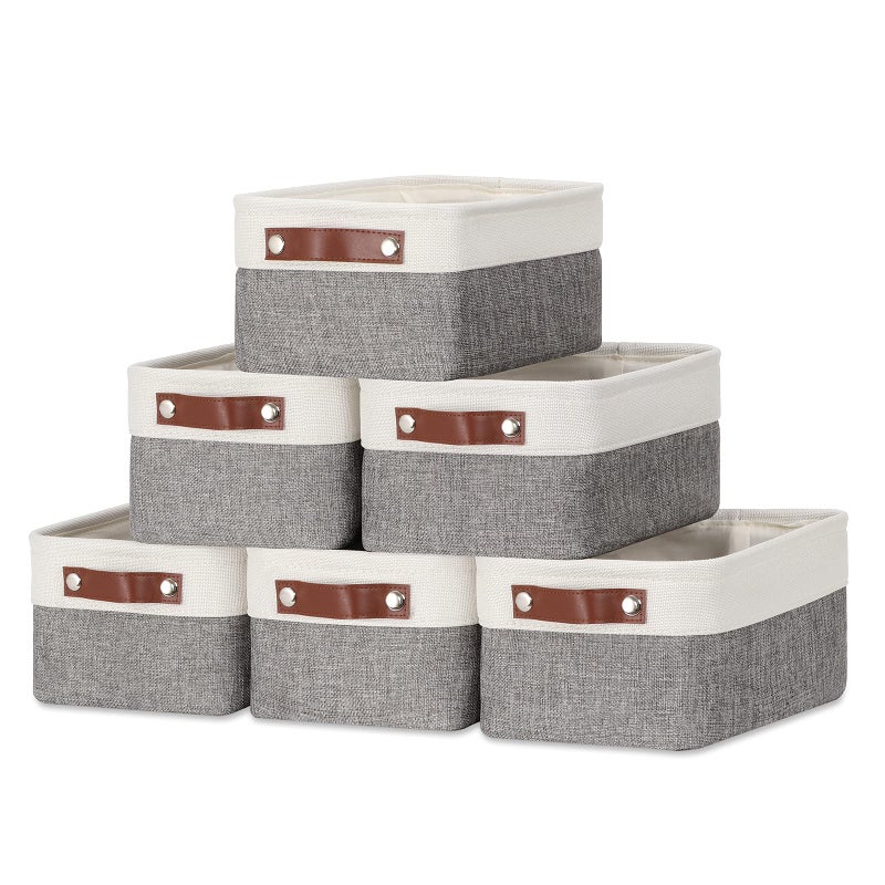 DULLEMELO Small Storage Baskets 6 Pack Fabric Collapsible Gift Storage Baskets for Shelves Closets Nursery Home Office OrganizingSmall Canvas Linen Rectangular Storage Bins 6Pack WhiteGrey