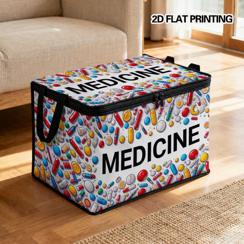 2D Flat Printing 13.78x9.84x9.84 Inch Colorful Medicine Array Design Storage Bin with Lid For Books Soft Fabric Closet Organizer Shelf Storage Seasonal Storage Box Office Supplies Holiday Decorations - Image 1
