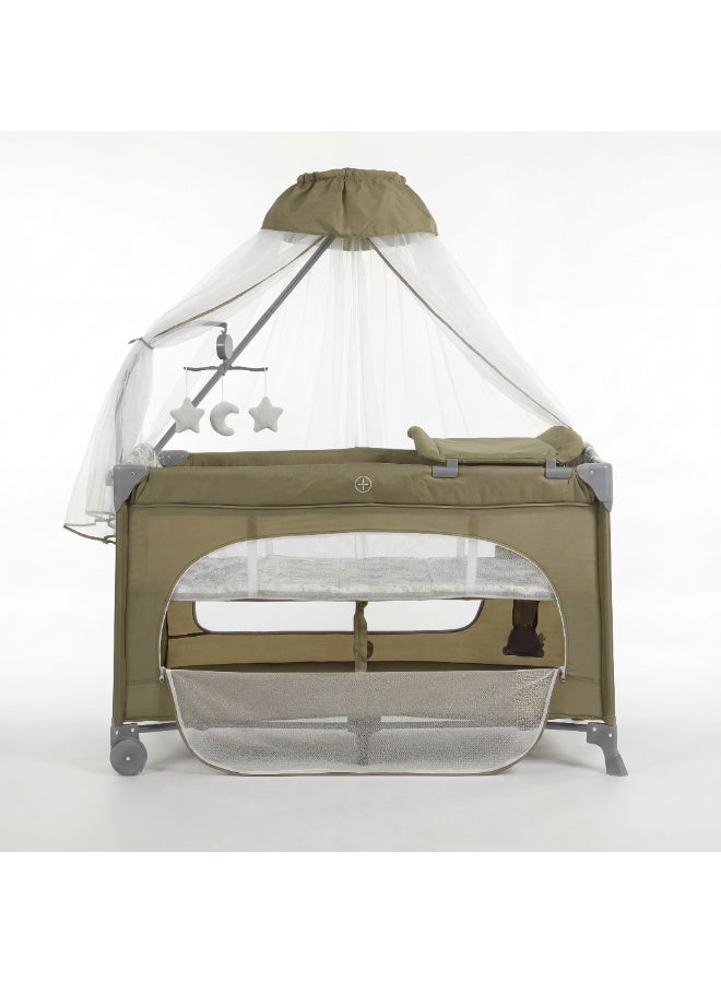 كول بيبي سرير أطفال متنقل دورين (Baby Travel Cot) قابل للطي مع ناموسية، فتحة جانبية بسوستة، ألعاب معلقة، وعجلات بفرامل - محبس للأطفال - Image 2