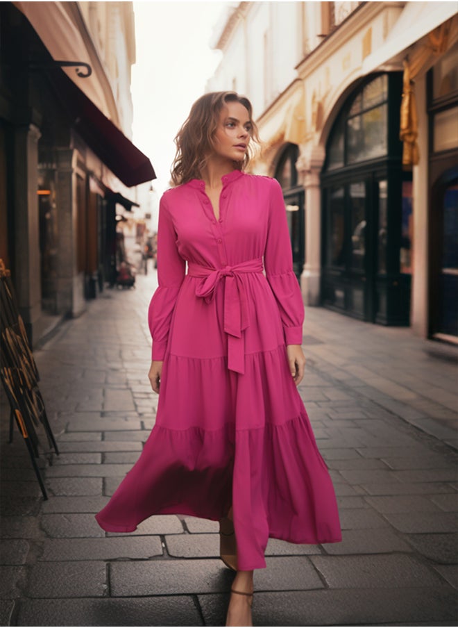 trendyol Dark Pink Belted Grand Collar Button Detailed Woven Dress TCTSS21EL3343  - Image 1