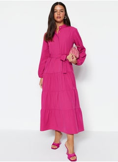 trendyol Dark Pink Belted Grand Collar Button Detailed Woven Dress TCTSS21EL3343  - Image 2