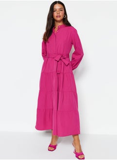 trendyol Dark Pink Belted Grand Collar Button Detailed Woven Dress TCTSS21EL3343  - Image 4