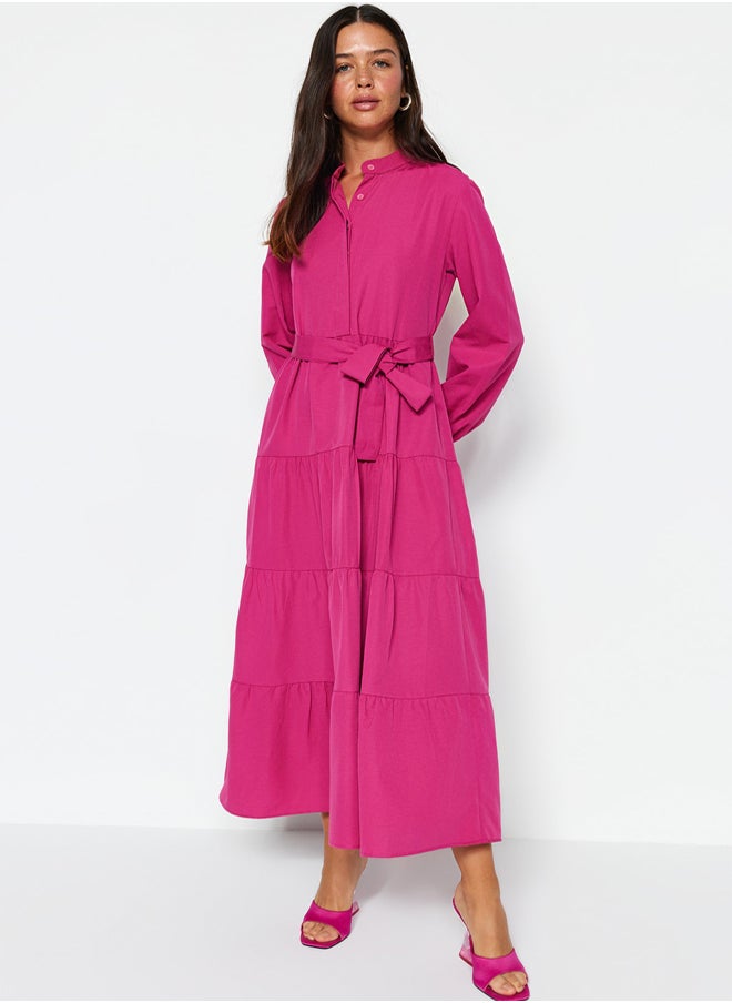 trendyol Dark Pink Belted Grand Collar Button Detailed Woven Dress TCTSS21EL3343  - Image 4