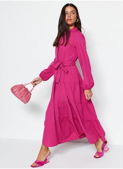 trendyol Dark Pink Belted Grand Collar Button Detailed Woven Dress TCTSS21EL3343  - Image 3