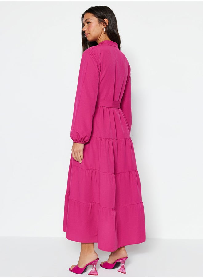 trendyol - Dark Pink Belted Grand Collar Button Detailed Woven Dress TCTSS21EL3343 - Image 1