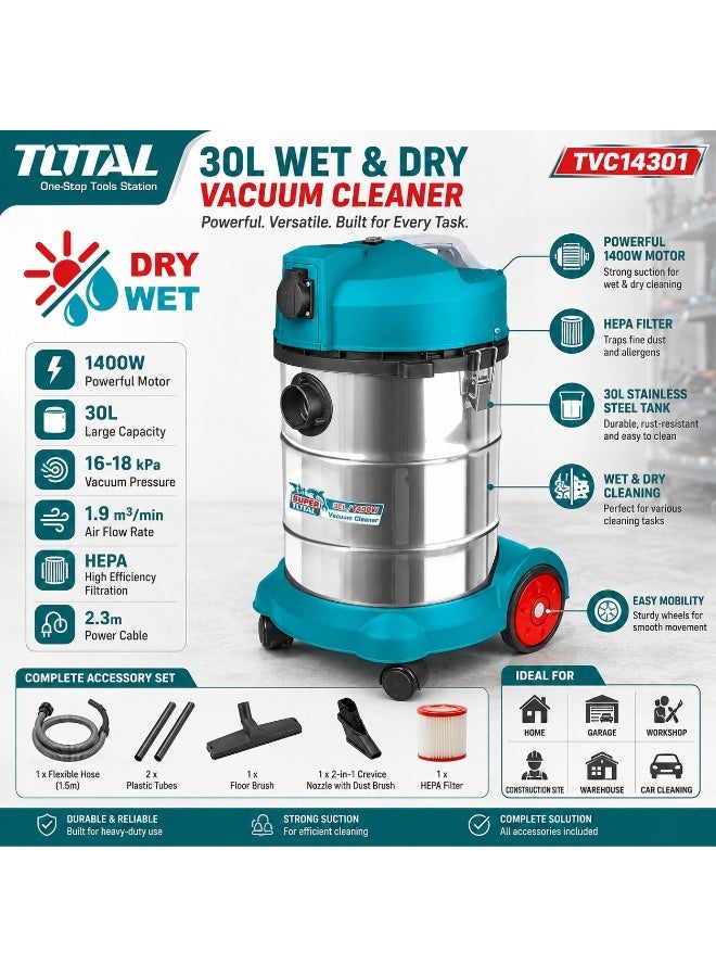 TOTAL Wet & Dry Industrial Vacuum Cleaner 1400W 30L HEPA Filter with Hose, Floor Brush & Crevice Tool TVC14301 - Image 5