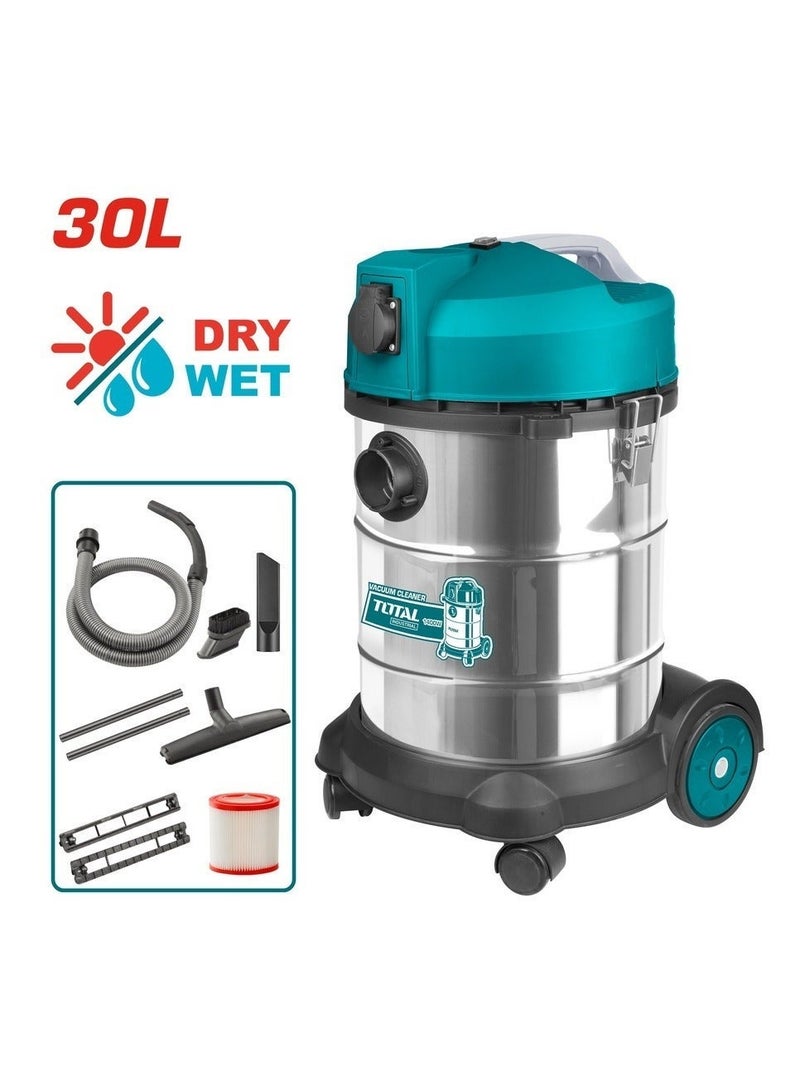 TOTAL Wet & Dry Industrial Vacuum Cleaner 1400W 30L HEPA Filter with Hose, Floor Brush & Crevice Tool TVC14301 - Image 2
