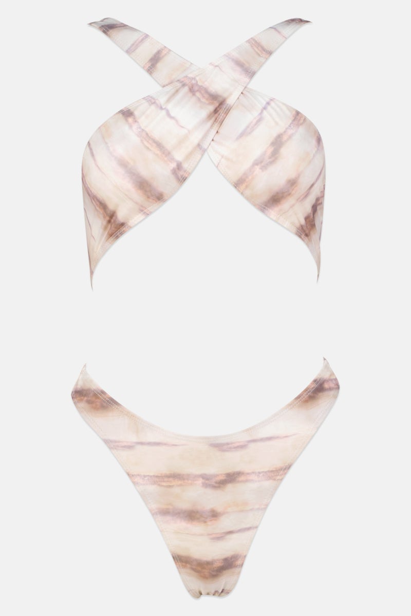 Motel Women Abstract Pattern Cross Front Wrap Swimsuit, Beige - Image 1