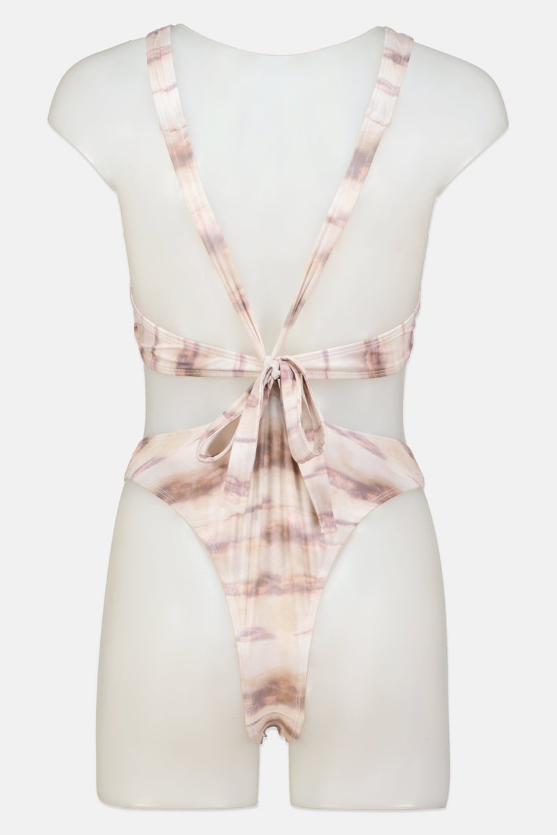 Motel Women Abstract Pattern Cross Front Wrap Swimsuit, Beige - Image 2