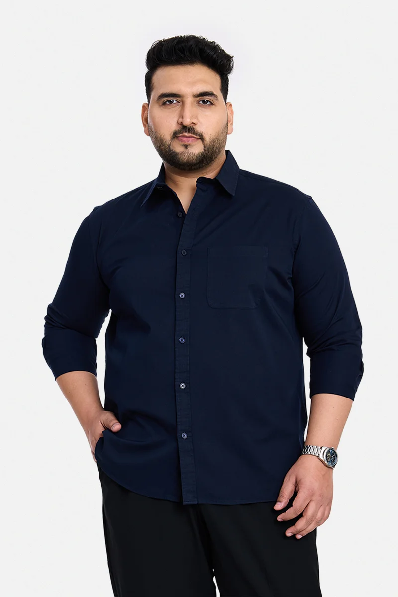 SNITCH Navy Blue Solid Long Sleeve Regular Fit Casual Plus Size Shirt