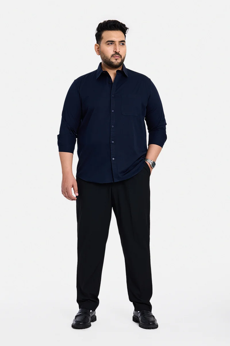 SNITCH Navy Blue Solid Long Sleeve Regular Fit Casual Plus Size Shirt