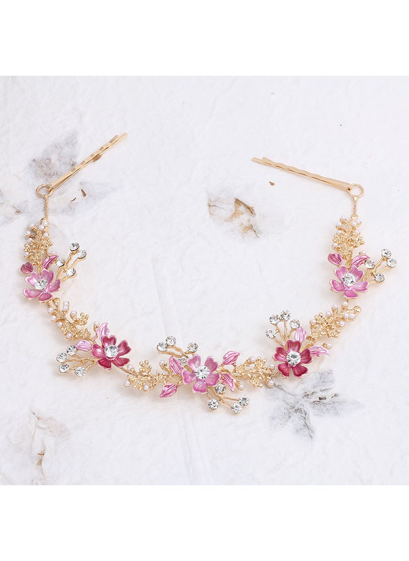 Generic Retro Bridal Hair Accessories Colorful Rhinestone Alloy Flower Painted Headband FG01083 pink 