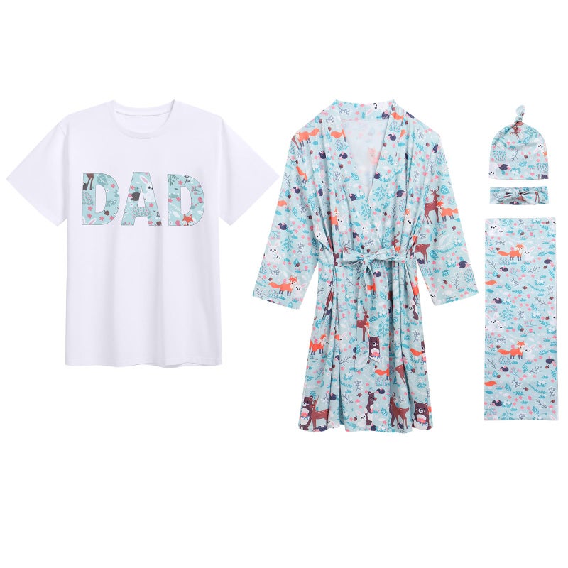 AWIBMK Mommy and Me Robe and Swaddle Set Animal Maternity and Baby Matching Hospital Labor Delivery Swaddling Wrap Blanket TShirt with Headband Hat for Mom Dad Girls Boys Outfit Blue Fox Giraffe 4pcs LXL - Image 2