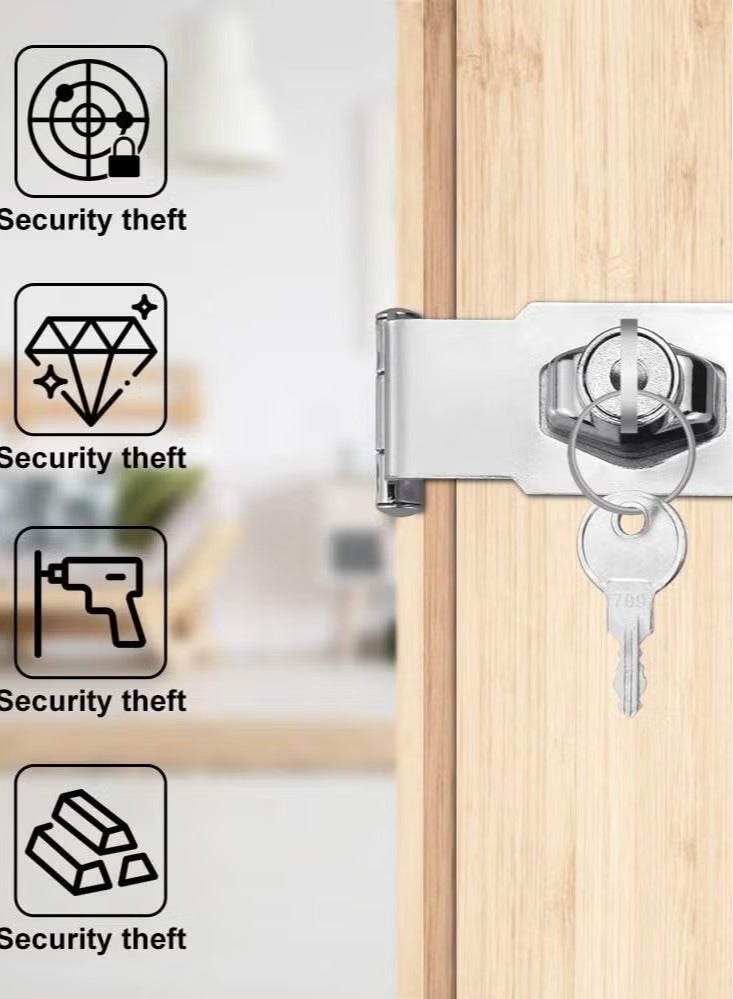 Small Hasp and Staple 90 Degrees Metal Lock Hasp 3 Inch/76mm Door Bolt Latch Buckle Safety Door Clasp Knob Shed Locks with Padlock, Key, Screws for Cabinets Cupboard Drawer Gate - Image 2