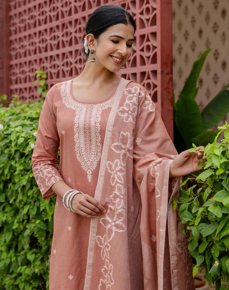 SIRIL Women's Cotton Jacquard Self Woven Kurta with Pant & Dupatta, Kurti Set for Woman (292KBD3060-XL_Dark Peach) - Image 5