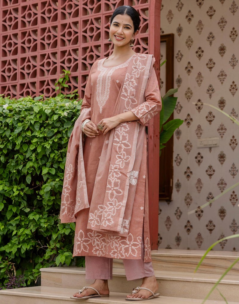 SIRIL Women's Cotton Jacquard Self Woven Kurta with Pant & Dupatta, Kurti Set for Woman (292KBD3060-XL_Dark Peach) - Image 3