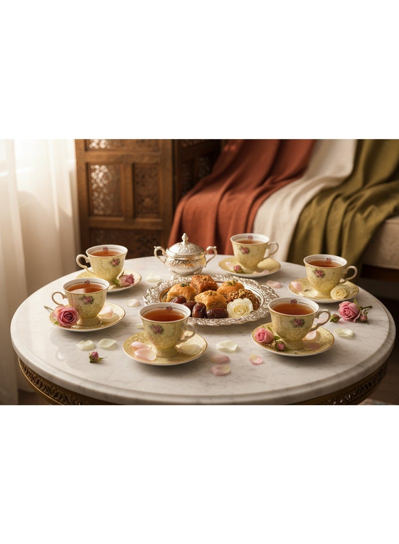 Mayflower 12-Piece Porcelain Tea Cup & Saucer Set – Yellow Rose Gold Trim 110ml - Image 4