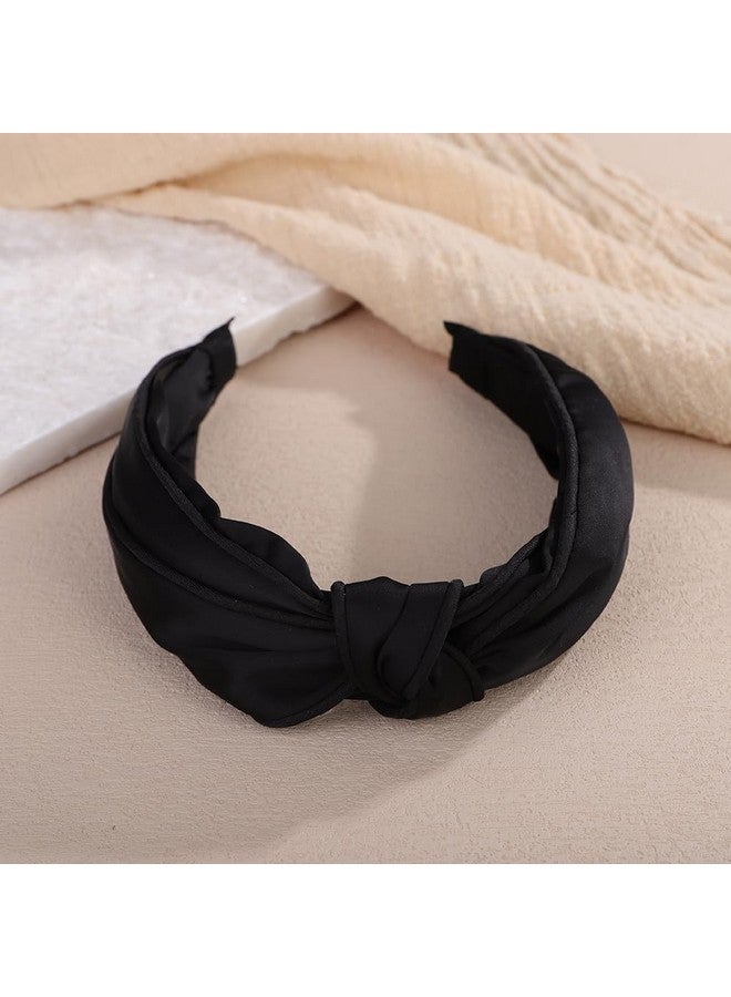 Wiwpar Wiwpar Women Black Cute Bow Knotted Wide Headband Non-Slip Top Knotted Elastic Fabric Silky Satin Hair Band Wide Turban Hair Band Fashion Cross Knot Yoga Halloween Hair Accessories (Black, Free Size)  - Image 2