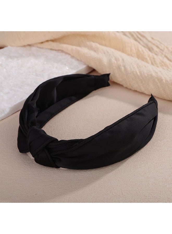Wiwpar Wiwpar Women Black Cute Bow Knotted Wide Headband Non-Slip Top Knotted Elastic Fabric Silky Satin Hair Band Wide Turban Hair Band Fashion Cross Knot Yoga Halloween Hair Accessories (Black, Free Size)  - Image 3