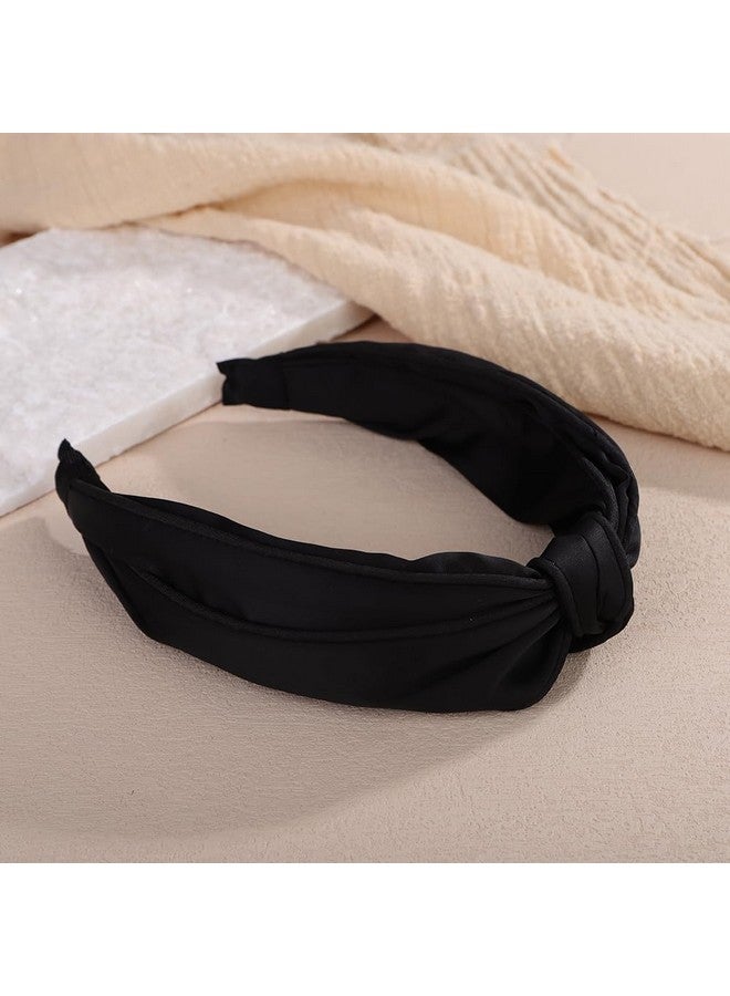 Wiwpar Wiwpar Women Black Cute Bow Knotted Wide Headband Non-Slip Top Knotted Elastic Fabric Silky Satin Hair Band Wide Turban Hair Band Fashion Cross Knot Yoga Halloween Hair Accessories (Black, Free Size)  - Image 4