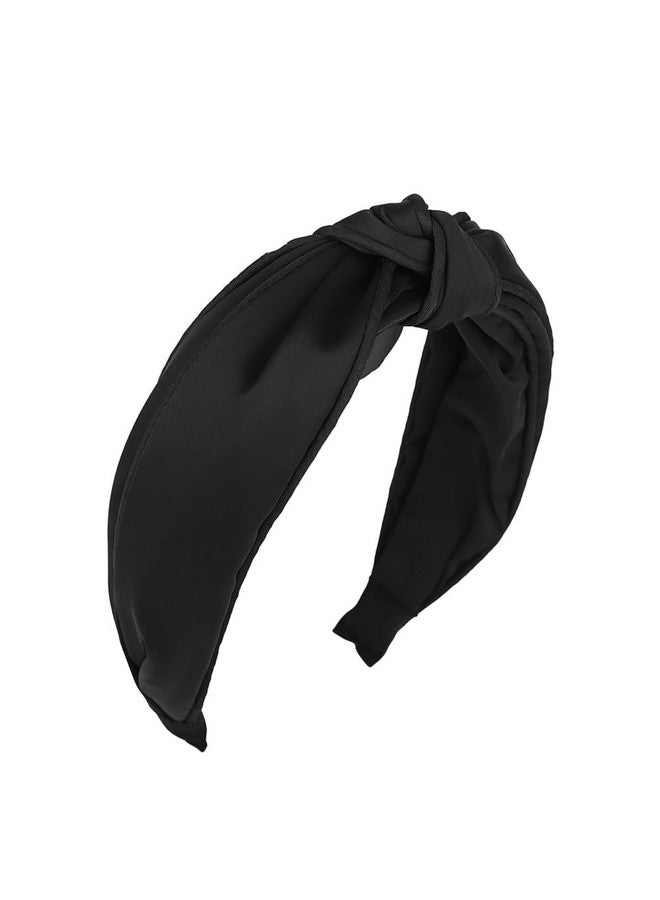 Wiwpar Wiwpar Women Black Cute Bow Knotted Wide Headband Non-Slip Top Knotted Elastic Fabric Silky Satin Hair Band Wide Turban Hair Band Fashion Cross Knot Yoga Halloween Hair Accessories (Black, Free Size)  - Image 1
