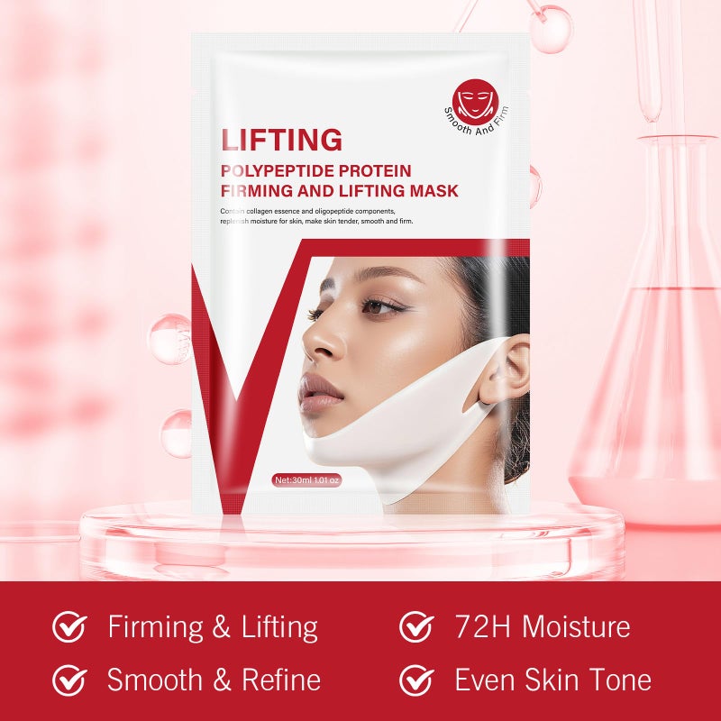 YAFUSIPE V Line Face Lifting Mask, 10 Pack V Line Chin Strap Lifting Double Chin Reducer, Polypeptide Protein Collagen Neck and Face Slimming Masks, Hydrating Neck Sheet Mask for Women Tightening - Image 5