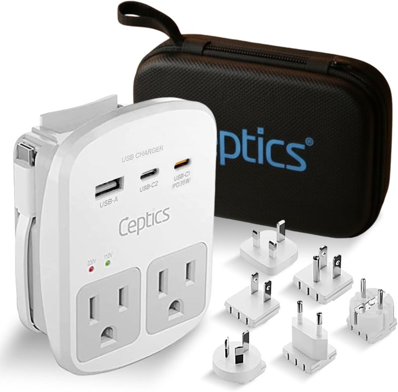 Ceptics 35W Universal Travel Adapter Kit – 2 USA sockets, USB-A, USBC, 1x PD 35W USB-C and USBC Cable, Surge Protected, Plugs for EU, UK, China, AU, Japan - for Laptop, Phone, Camera-ETL Tested - Image 1