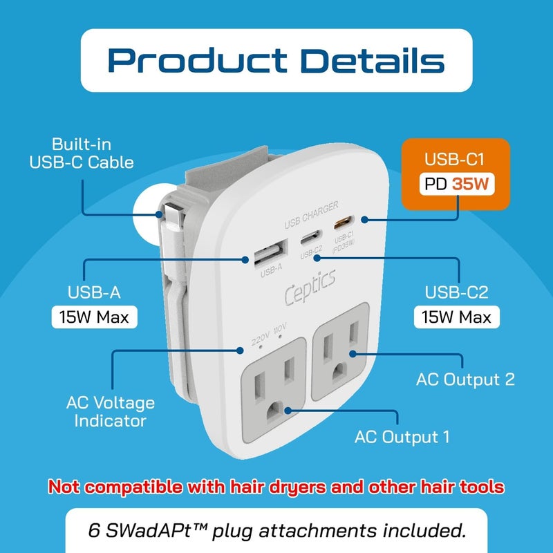 Ceptics 35W Universal Travel Adapter Kit – 2 USA sockets, USB-A, USBC, 1x PD 35W USB-C and USBC Cable, Surge Protected, Plugs for EU, UK, China, AU, Japan - for Laptop, Phone, Camera-ETL Tested - Image 3