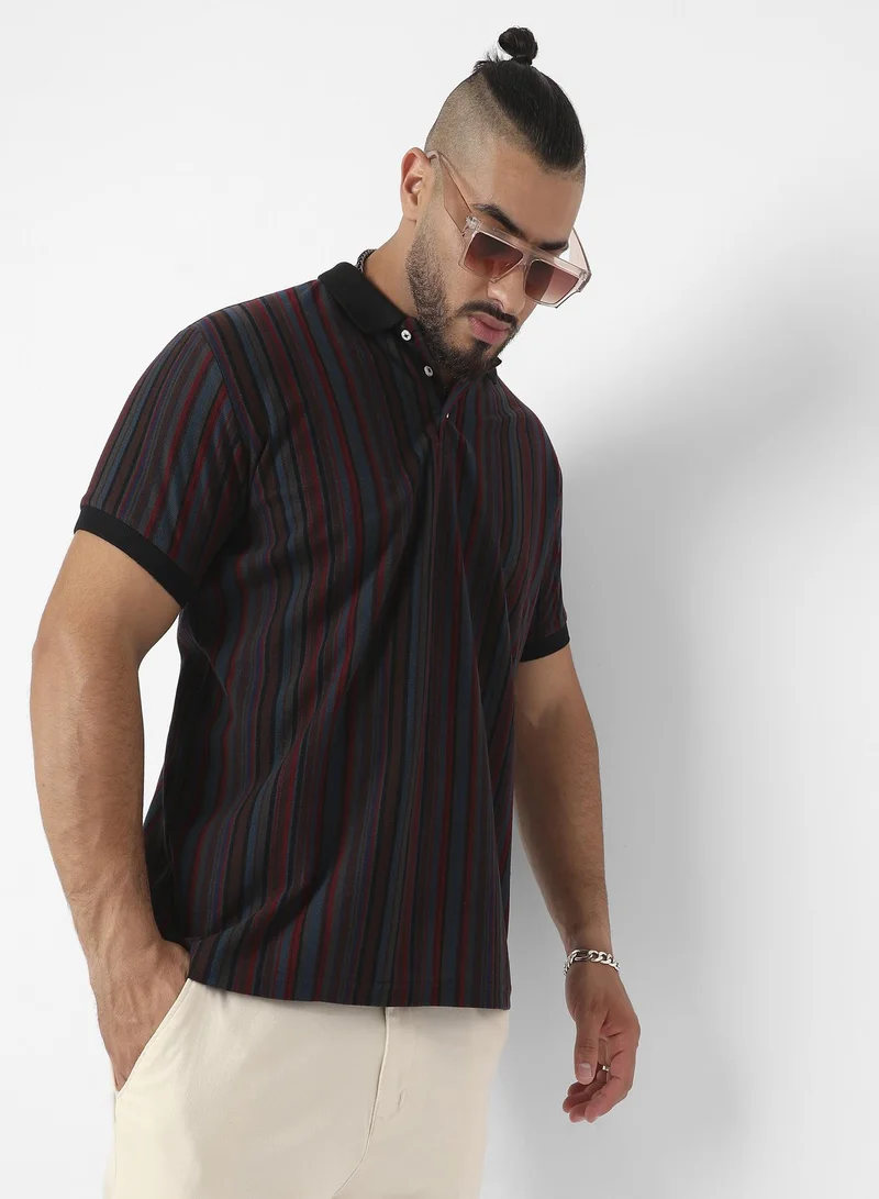 انستافاب بلس Instafab Plus Men's Blue & Maroon Candy Striped Polo T-Shirt For Casual Wear | Spread Collar | Short Sleeve | Half-Button Closure | T-Shirt Crafted With Comfort Fit For Everyday Wear