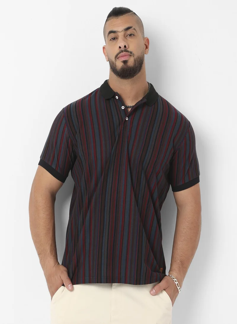 انستافاب بلس Instafab Plus Men's Blue & Maroon Candy Striped Polo T-Shirt For Casual Wear | Spread Collar | Short Sleeve | Half-Button Closure | T-Shirt Crafted With Comfort Fit For Everyday Wear
