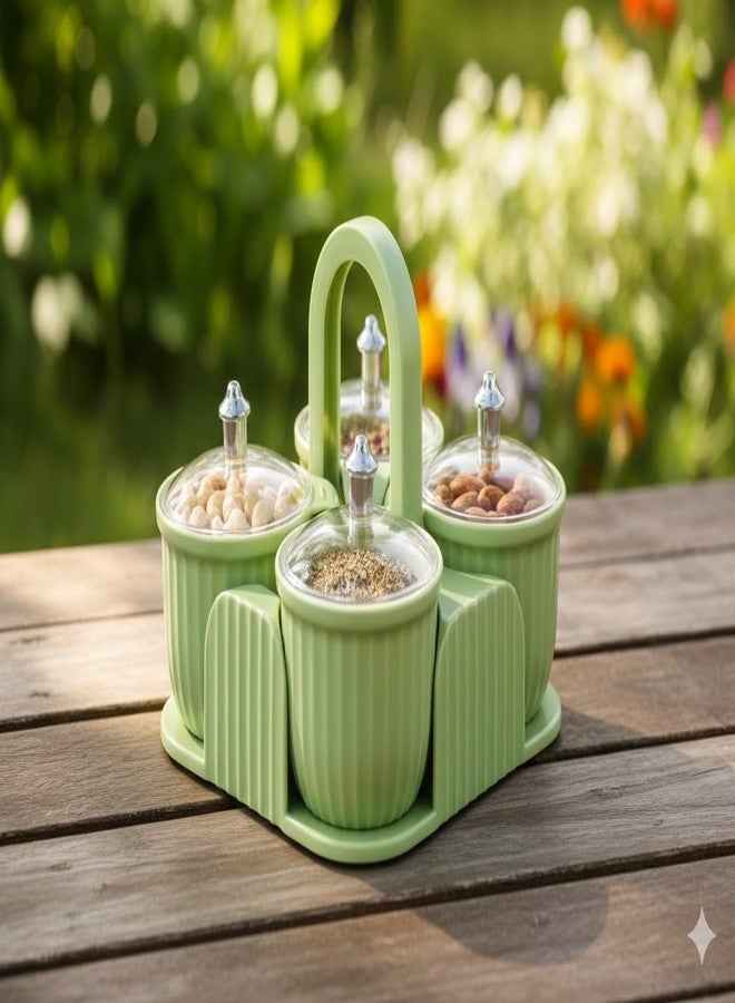 Jetwals 4-Compartment Condiment Organizer with Lids and Carry Handle, Green, Ribbed Design, Kitchen Storage Set Plastic jar - Image 1
