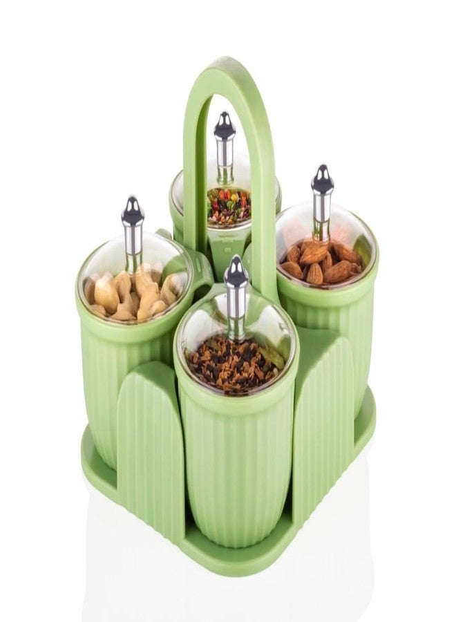 Jetwals 4-Compartment Condiment Organizer with Lids and Carry Handle, Green, Ribbed Design, Kitchen Storage Set Plastic jar - Image 2