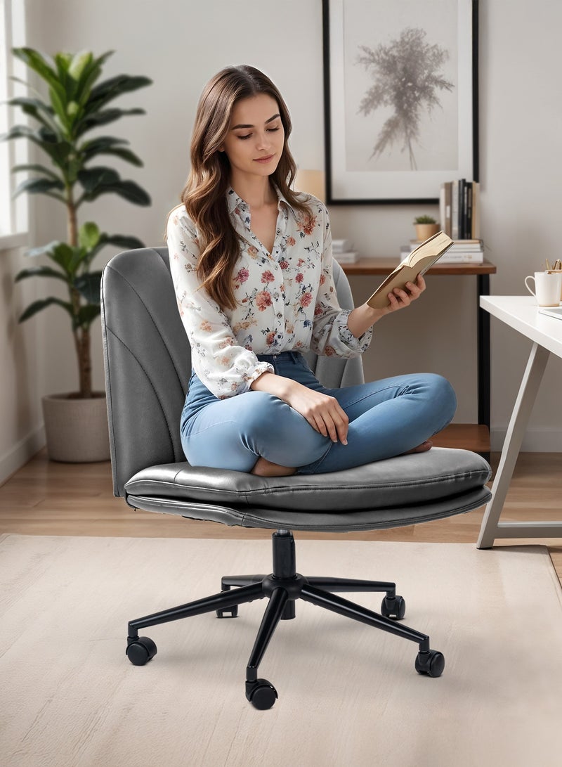 DROGO Criss Cross Legged Office Chair for Work at Home, PU Leather Accent Chair for Long Hours Sitting Comfort, Armless, Adjustable Height & Tilt Lock Recline | Swivel Computer Chair for Home Office Grey - Image 2