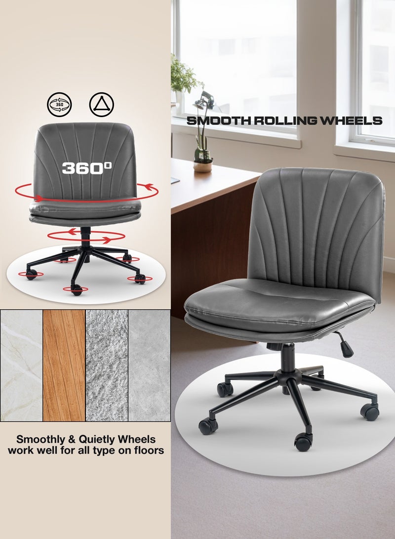 DROGO Criss Cross Legged Office Chair for Work at Home, PU Leather Accent Chair for Long Hours Sitting Comfort, Armless, Adjustable Height & Tilt Lock Recline | Swivel Computer Chair for Home Office Grey - Image 3