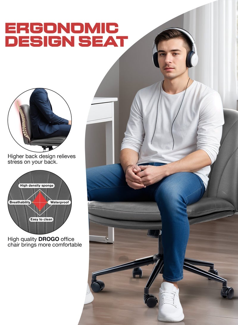 DROGO Criss Cross Legged Office Chair for Work at Home, PU Leather Accent Chair for Long Hours Sitting Comfort, Armless, Adjustable Height & Tilt Lock Recline | Swivel Computer Chair for Home Office Grey - Image 4