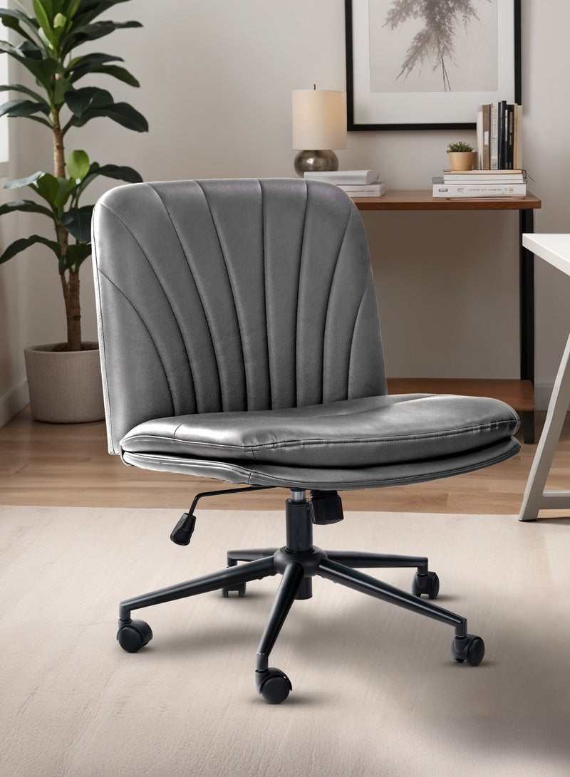 DROGO Criss Cross Legged Office Chair for Work at Home, PU Leather Accent Chair for Long Hours Sitting Comfort, Armless, Adjustable Height & Tilt Lock Recline | Swivel Computer Chair for Home Office Grey - Image 1