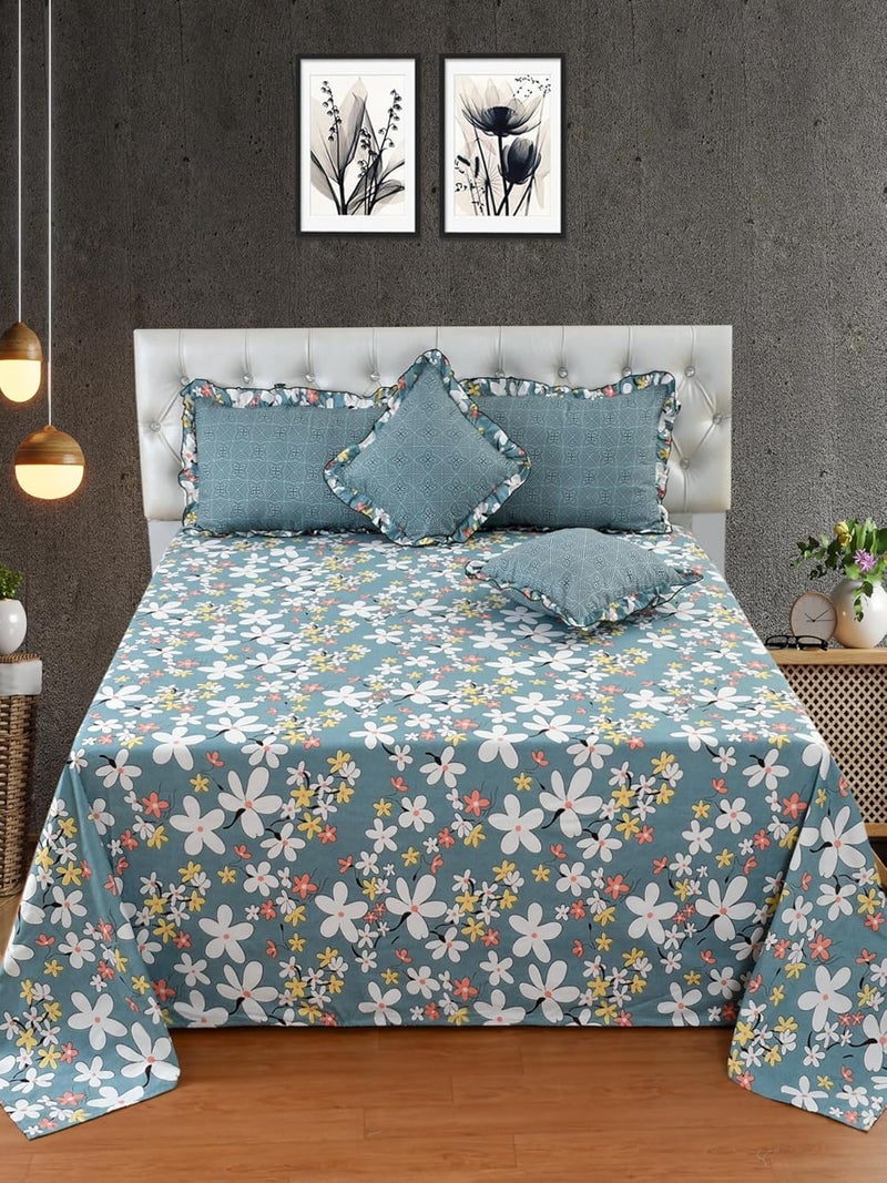 MORADO 5Pcs Bedding Set Frill Glace Cotton 210 TC Double Bed Size Bedsheet with 2 Pillow Covers and 2 Filled Cushions 108x108 Inches Grey - Image 2